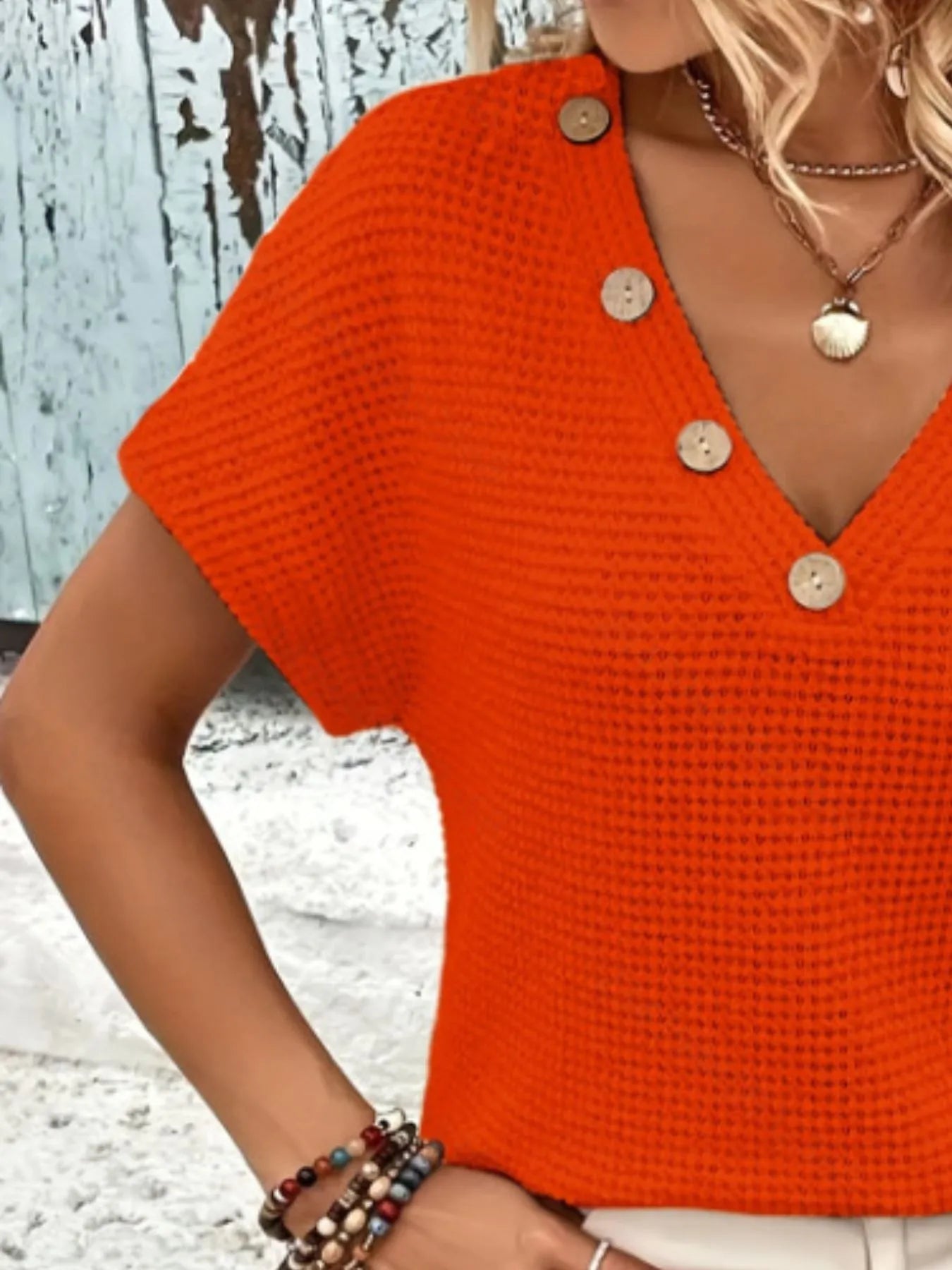 V-Neck Textured Knit T-Shirt - Tigbul's Variety Fashion Shop