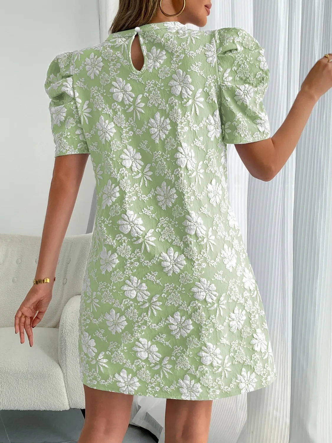Round Neck Puff Short Sleeve Mini Dress - Tigbul's Variety Fashion Shop