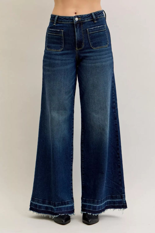 Judy Blue High Waist Palazzo Jeans with Front Patch Pockets - Tigbul's Variety Fashion Shop