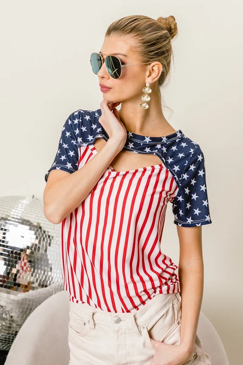 American Flag Theme Front Cut Out Top - Tigbul's Variety Fashion Shop