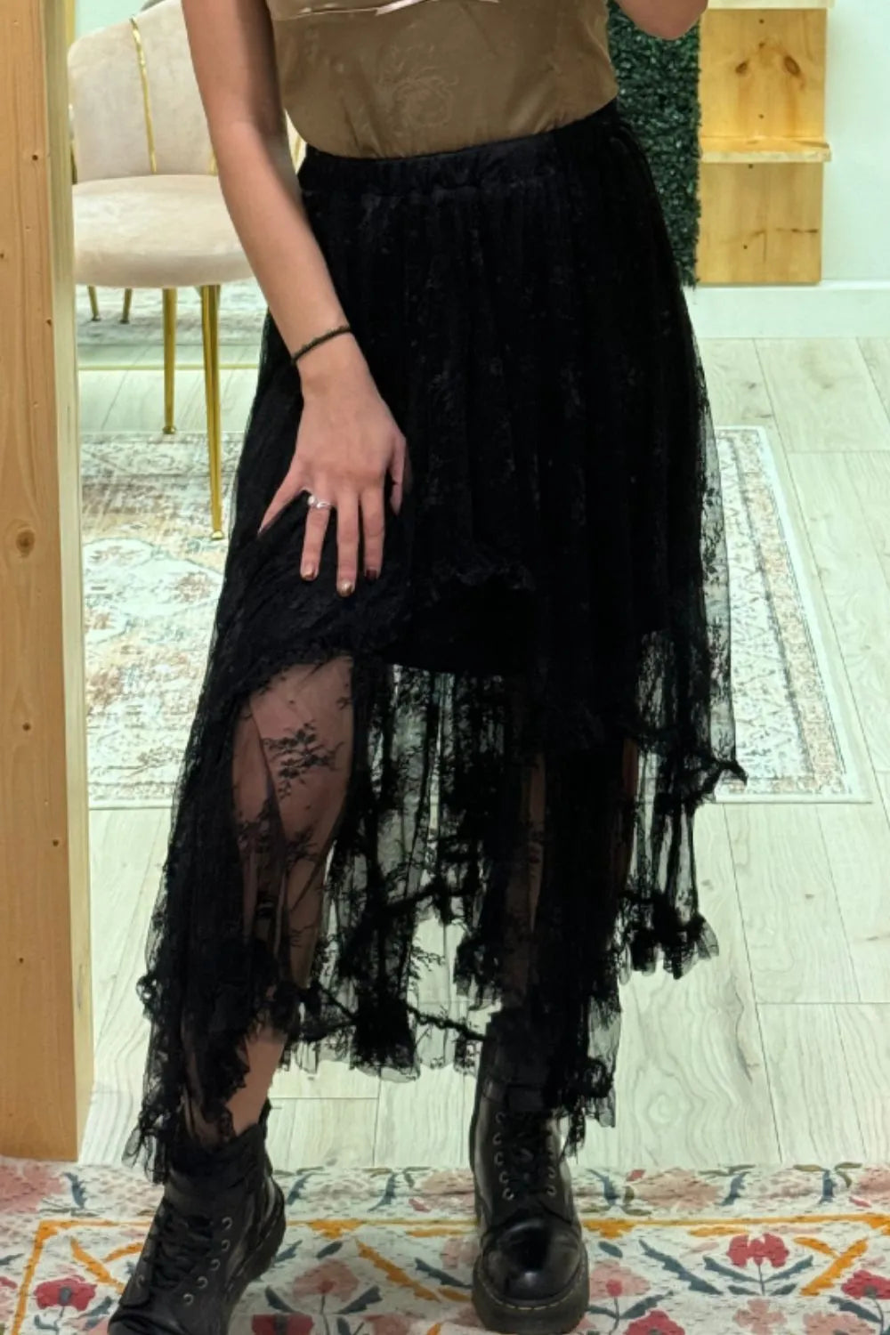 Elastic Waist Asymmetrical Lace Skirt - Tigbul's Variety Fashion Shop