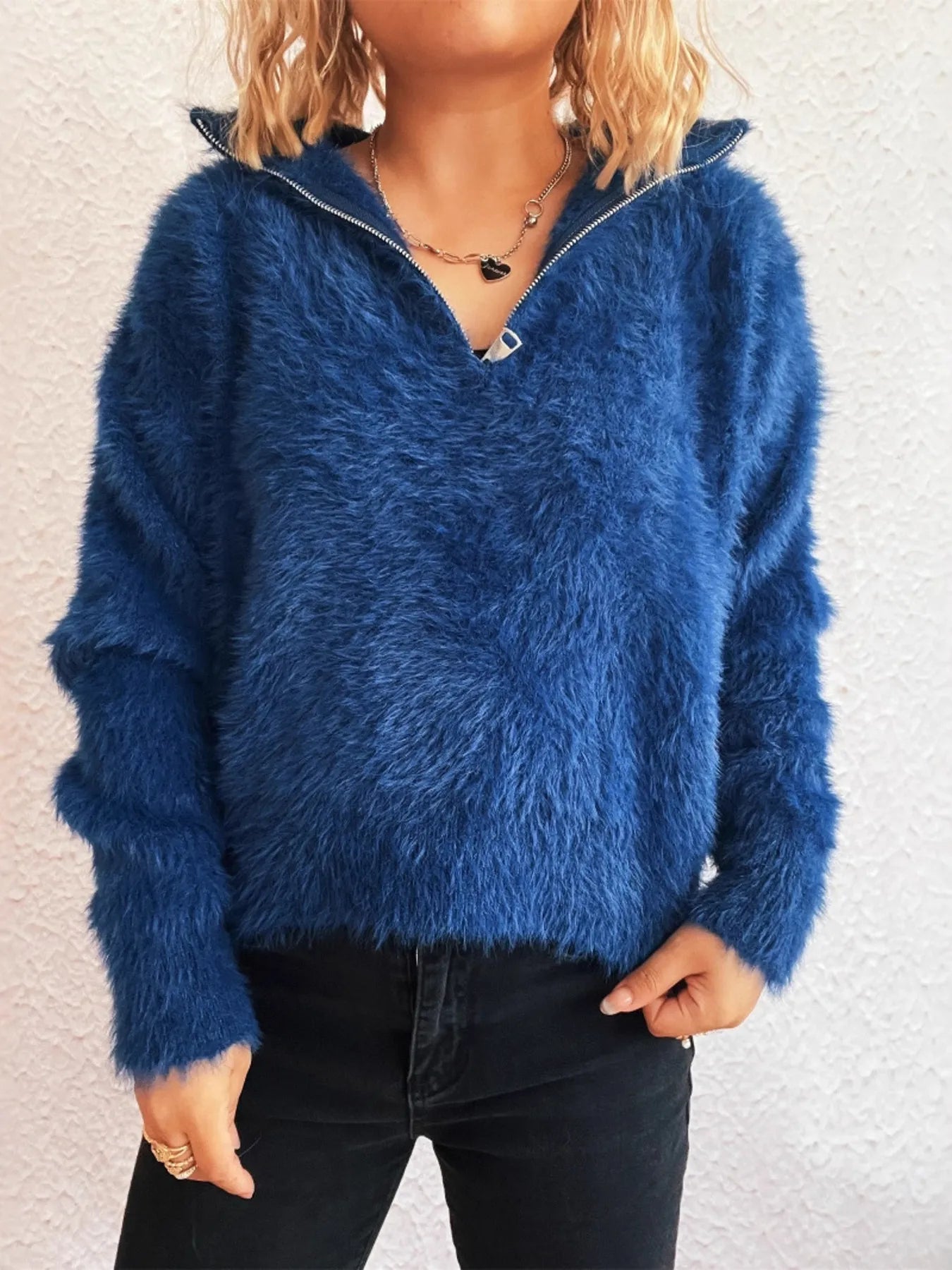 Cozy Fuzzy Half-Zip Sweater - Tigbul's Variety Fashion Shop