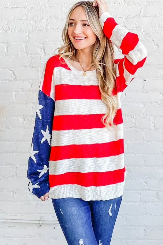 Red/Navy American Flag Long Sleeve Sweater - Tigbul's Variety Fashion Shop