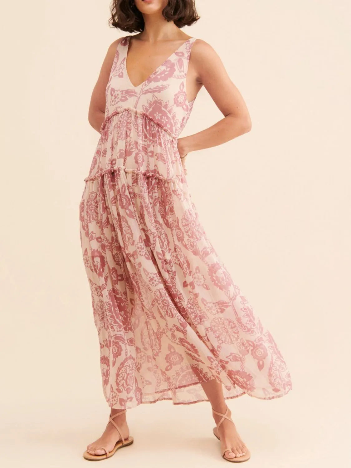 Printed V-Neck Sleeveless Dress - Tigbul's Variety Fashion Shop