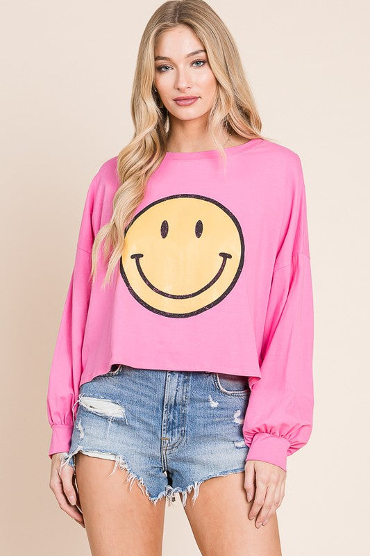 SMILEY FACE LONG SLEEVE CROP TOP - Tigbul's Variety Fashion Shop