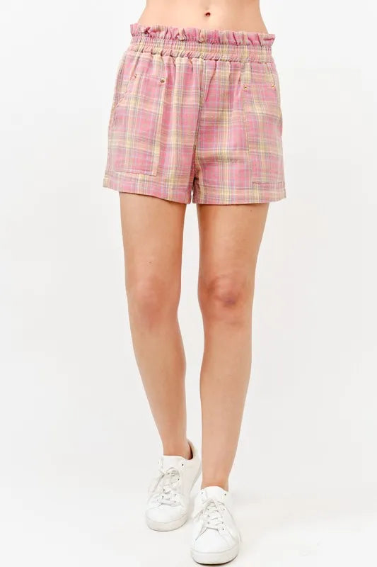 Pink Plaid Print Smocked Detail Casual Shorts - Tigbul's Variety Fashion Shop