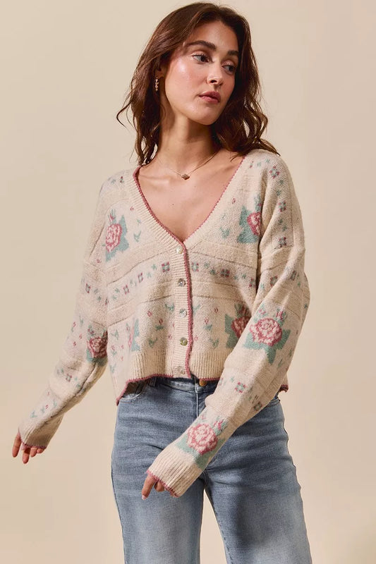 SO ME Floral Pattern Long Sleeve Button Sweater Cardigan - Tigbul's Variety Fashion Shop