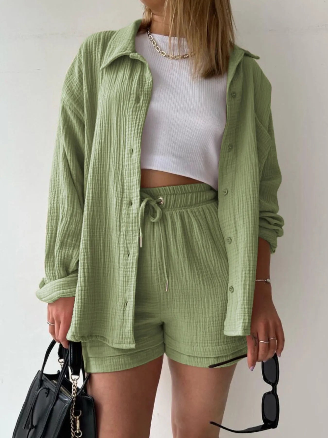 Textured Button Up Shirt and Shorts Set - Tigbul's Variety Fashion Shop