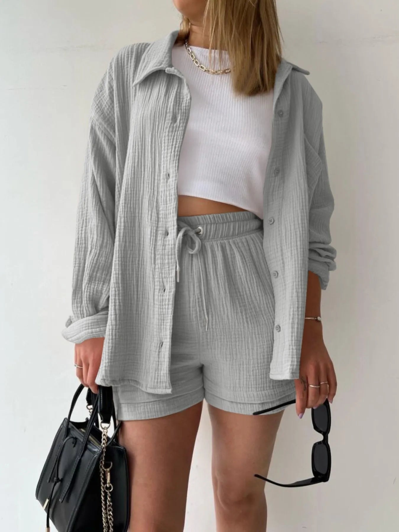 Textured Button Up Shirt and Shorts Set - Tigbul's Variety Fashion Shop