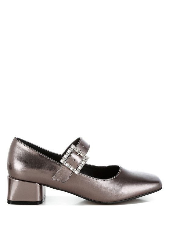 Abeba Diamante Brooch Metallic Mary Jane Pumps - Tigbul's Variety Fashion Shop
