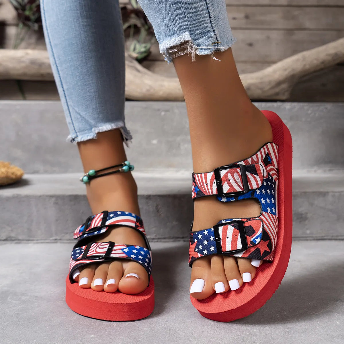 American Flag Patriotic Double Strap Sandals - Tigbul's Variety Fashion Shop