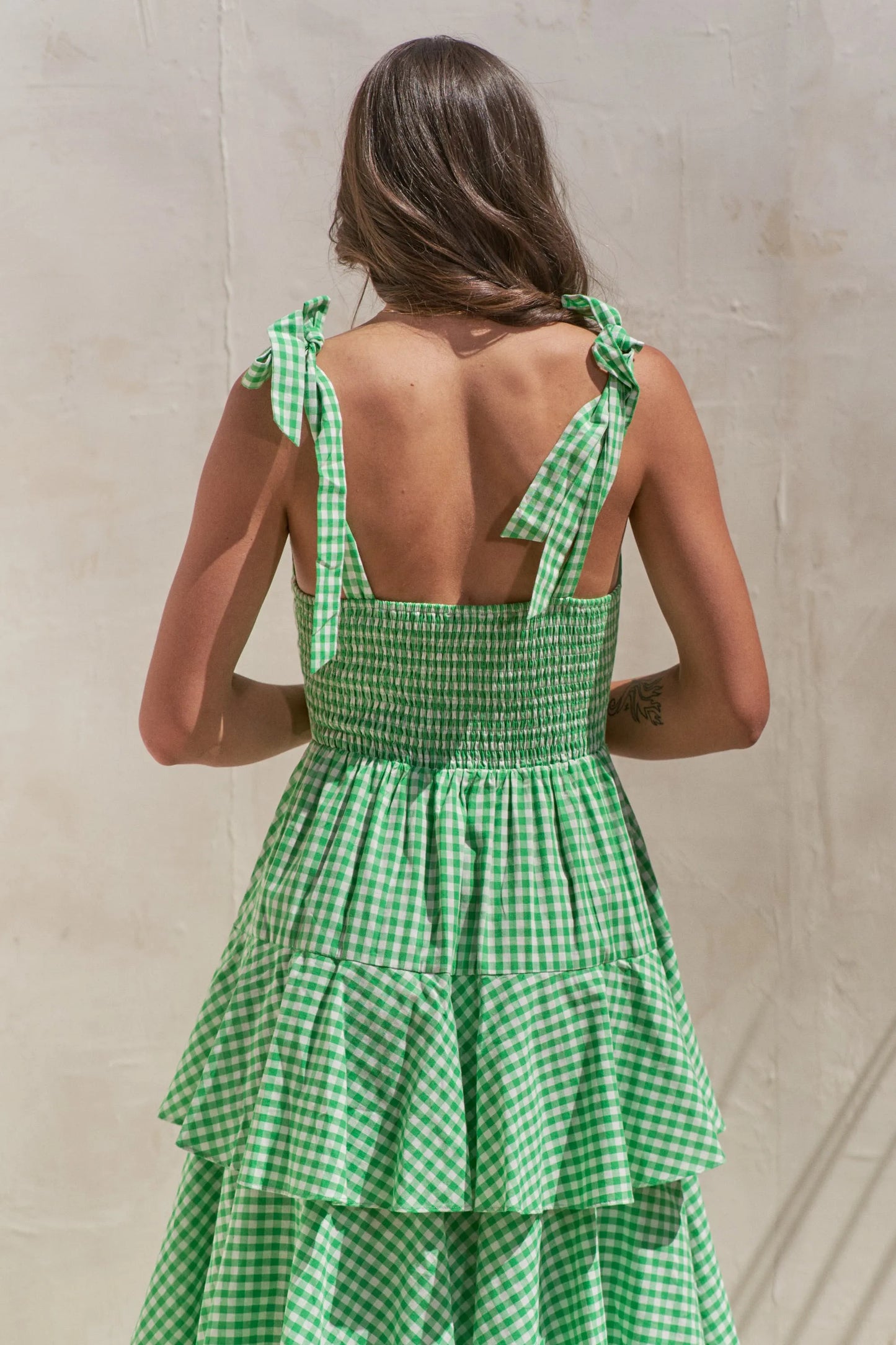 Sleeveless Gingham Print Tiered Green Midi Dress - Tigbul's Variety Fashion Shop