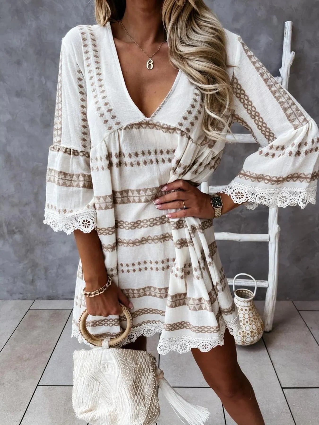 V-Neck Lace Trim Striped Babydoll Dress - Tigbul's Variety Fashion Shop