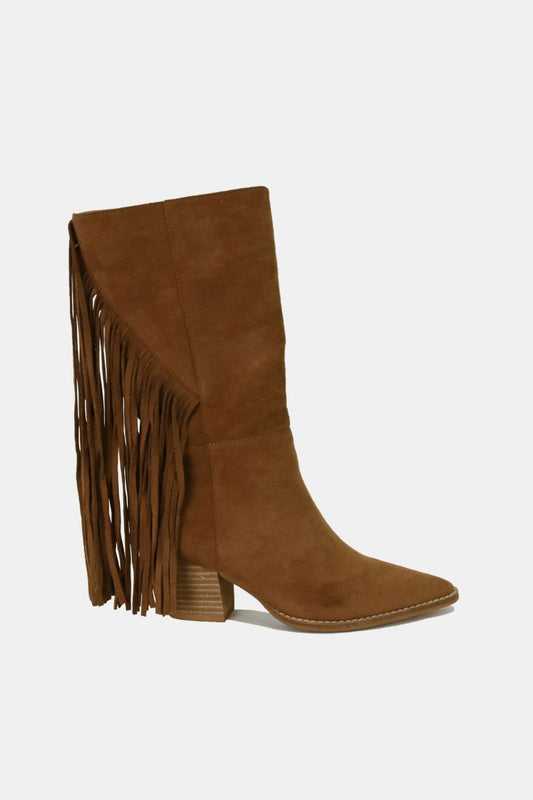 Brown Faux Suede Fringe Point Toe Boots - Tigbul's Variety Fashion Shop