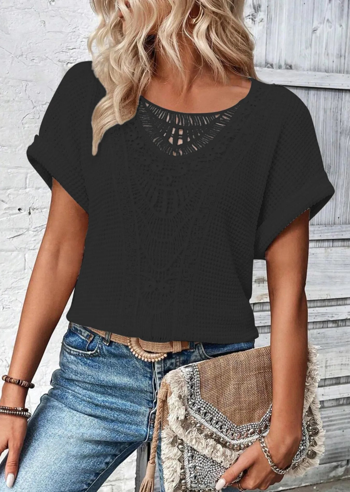 Crochet Lace Short Sleeve Casual T-Shirt - Tigbul's Variety Fashion Shop