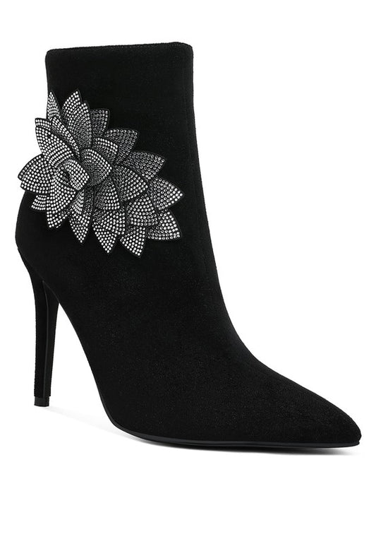Yarrow Rhinestones Petal Detail Boots 4 inch Heels - Tigbul's Variety Fashion Shop
