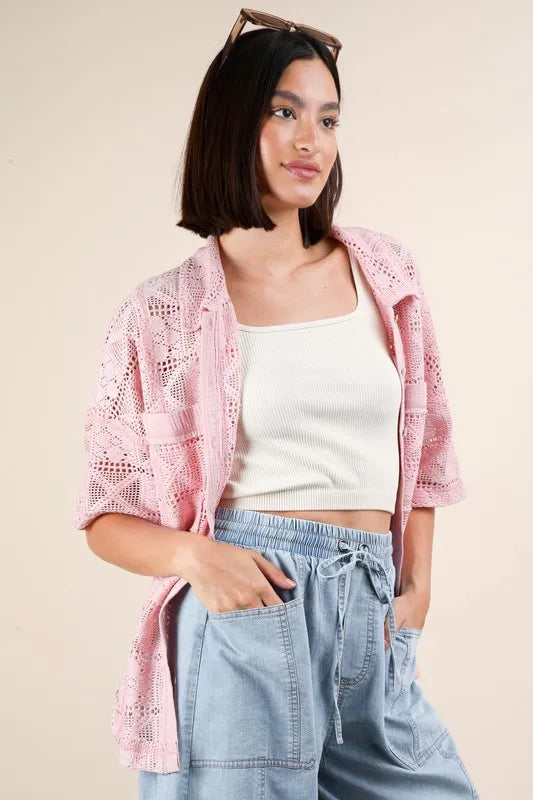 Pink Plus Size Oversized Crochet Button Down Shirt Top - Tigbul's Variety Fashion Shop