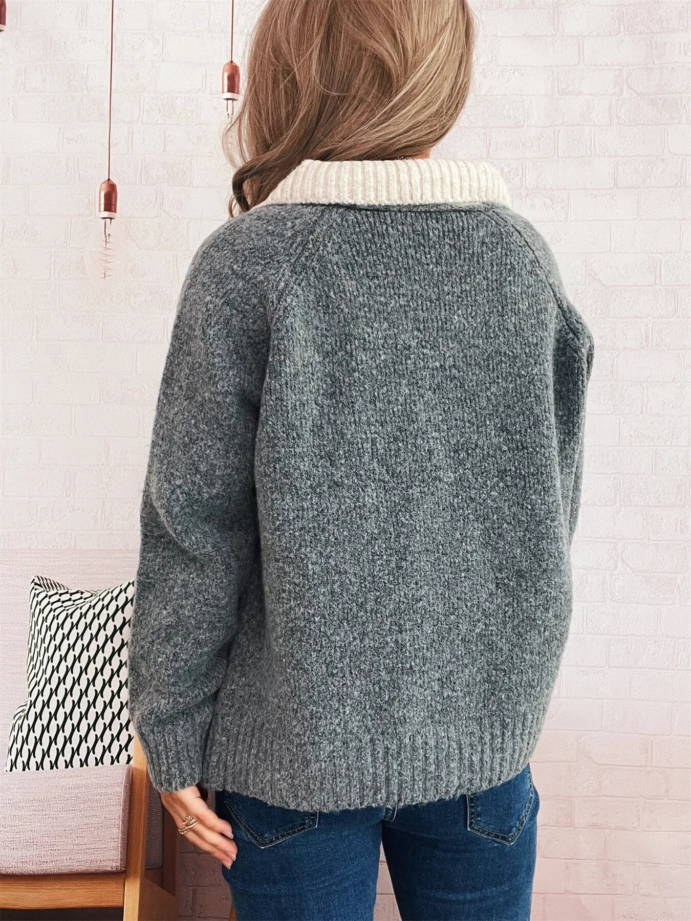 Contrast Collar Zip-Up Cardigan - Tigbul's Variety Fashion Shop