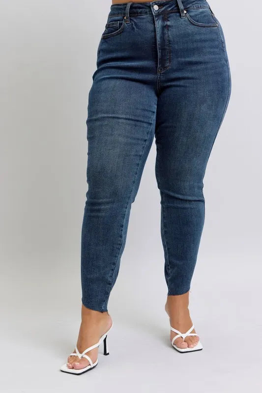 Judy Blue Full Size High Waist Tummy Control Step Hem Skinny Jeans Plus Size - Tigbul's Variety Fashion Shop