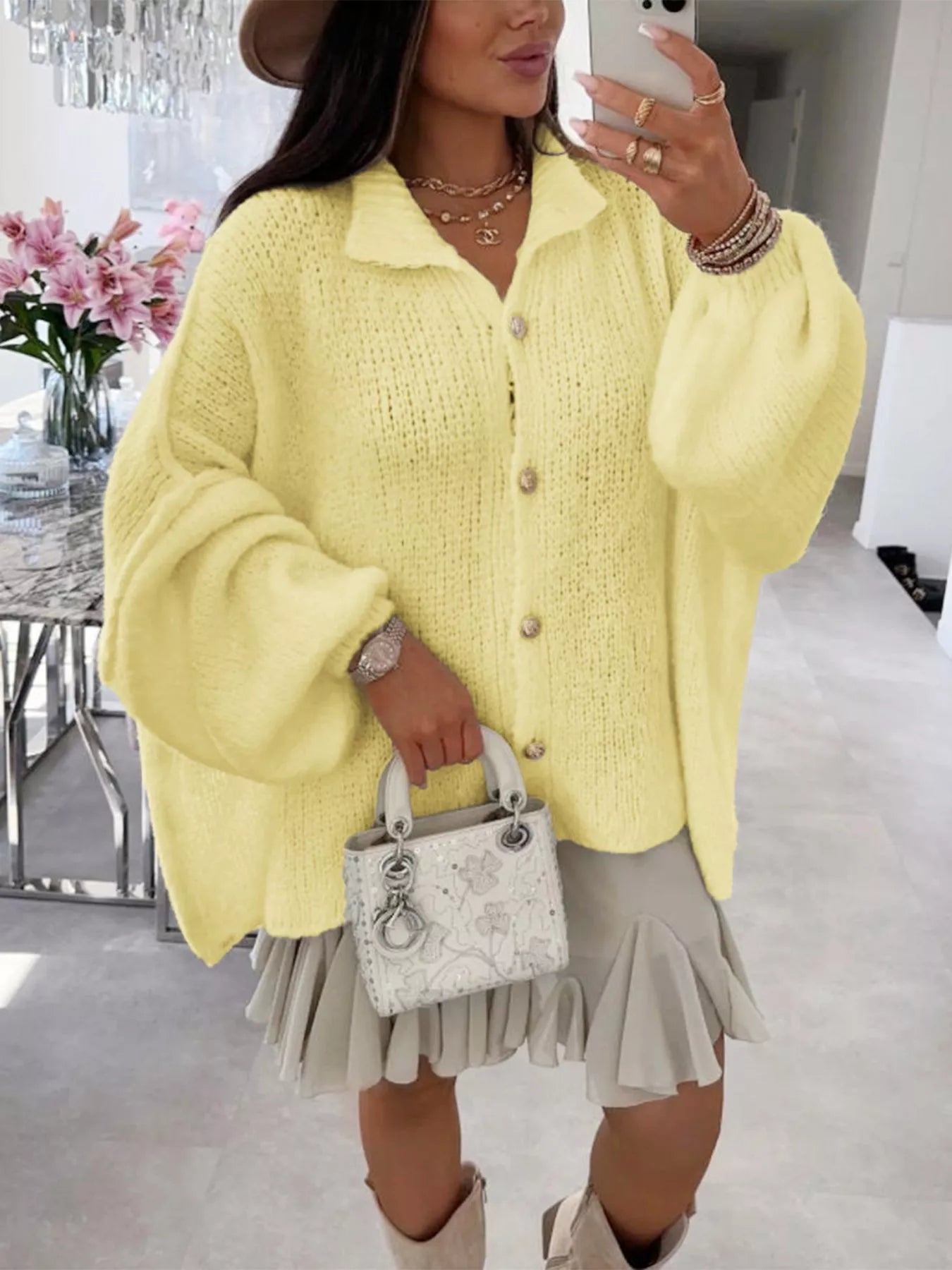 Oversized Knit Button-Down Batwing Sleeve Cardigan - Tigbul's Variety Fashion Shop