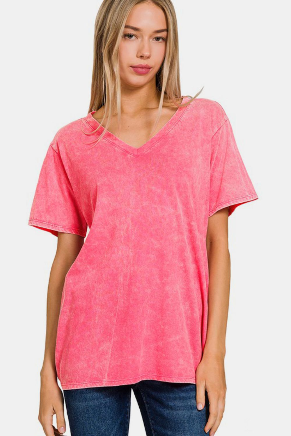 Pink Short Sleeve V-Neck T-Shirt - Tigbul's Variety Fashion Shop