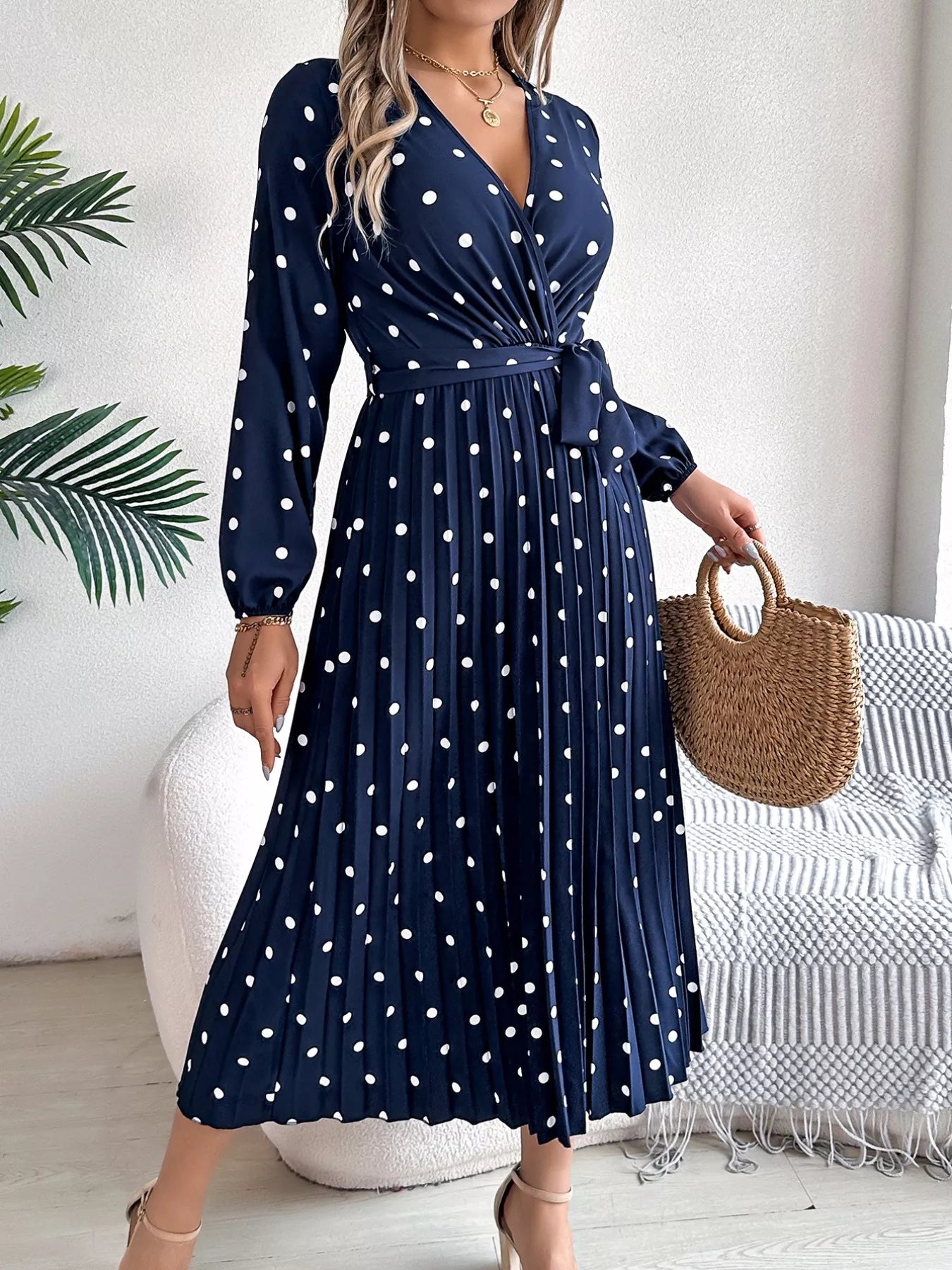 Front Tie Polka Dot Midi Pleated Dress - Tigbul's Variety Fashion Shop