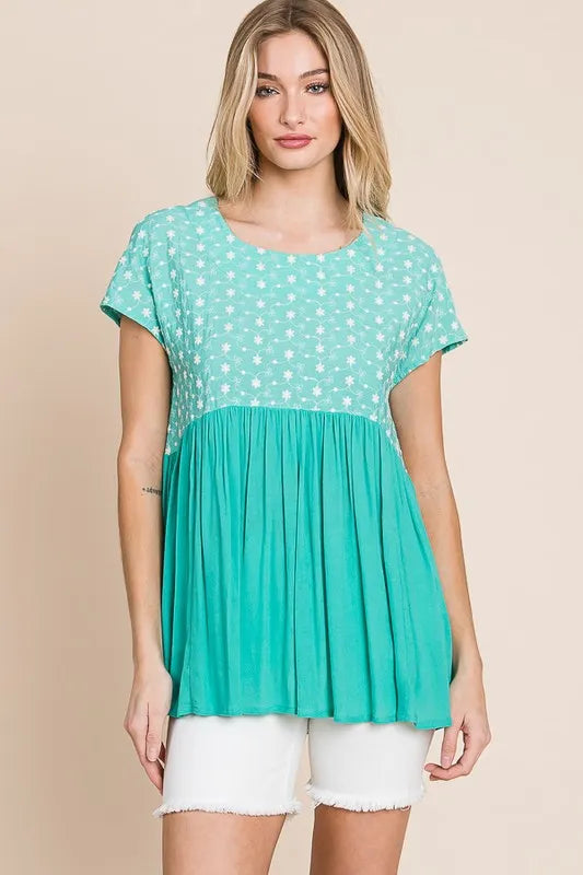 Embroidered Short Sleeve Pleated Babydoll Top Plus Size - Tigbul's Variety Fashion Shop