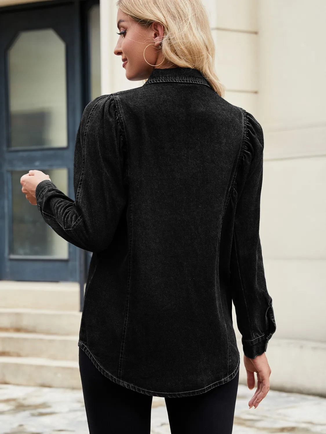 Button Down Collared Neck Denim Shirt - Tigbul's Variety Fashion Shop