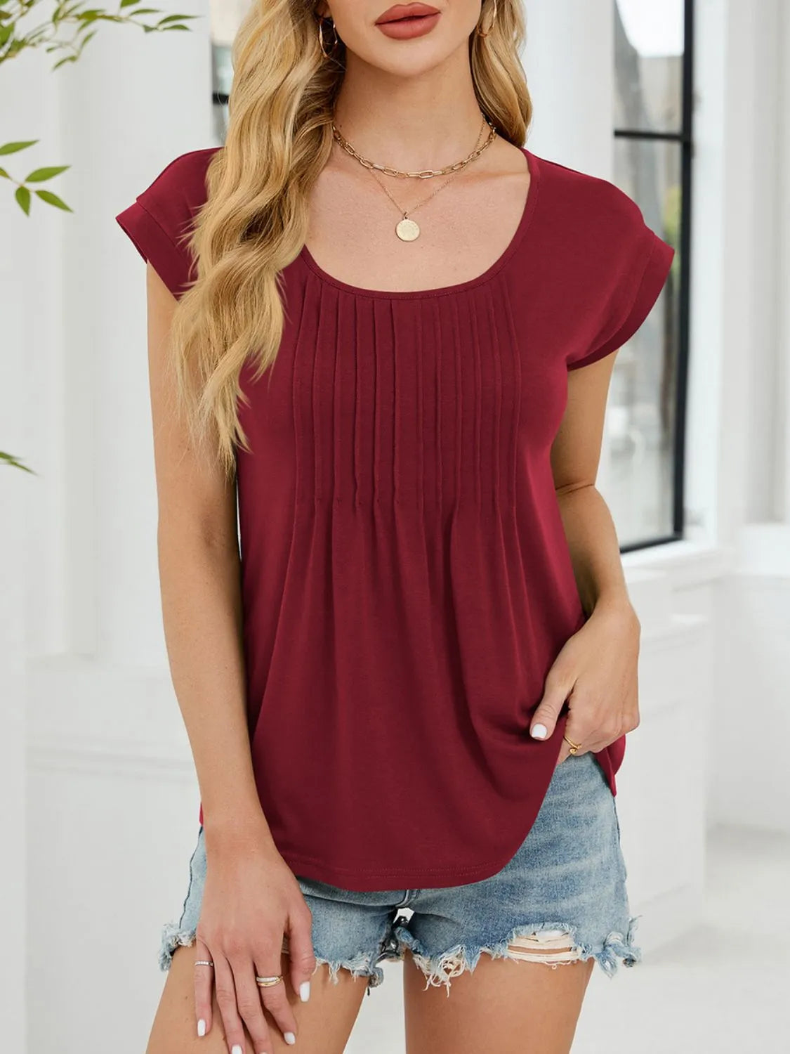 Pleated Front Scoop Neck T-Shirt - Tigbul's Variety Fashion Shop