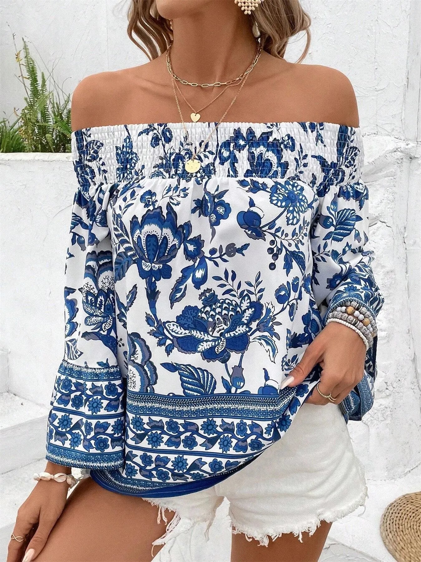 Off-Shoulder Floral Print Blouse - Tigbul's Variety Fashion Shop