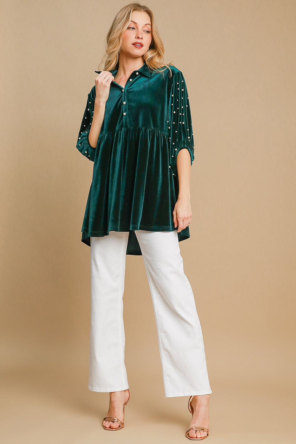Pearl Detail Half Sleeve Velvet Babydoll Blouse - Tigbul's Variety Fashion Shop