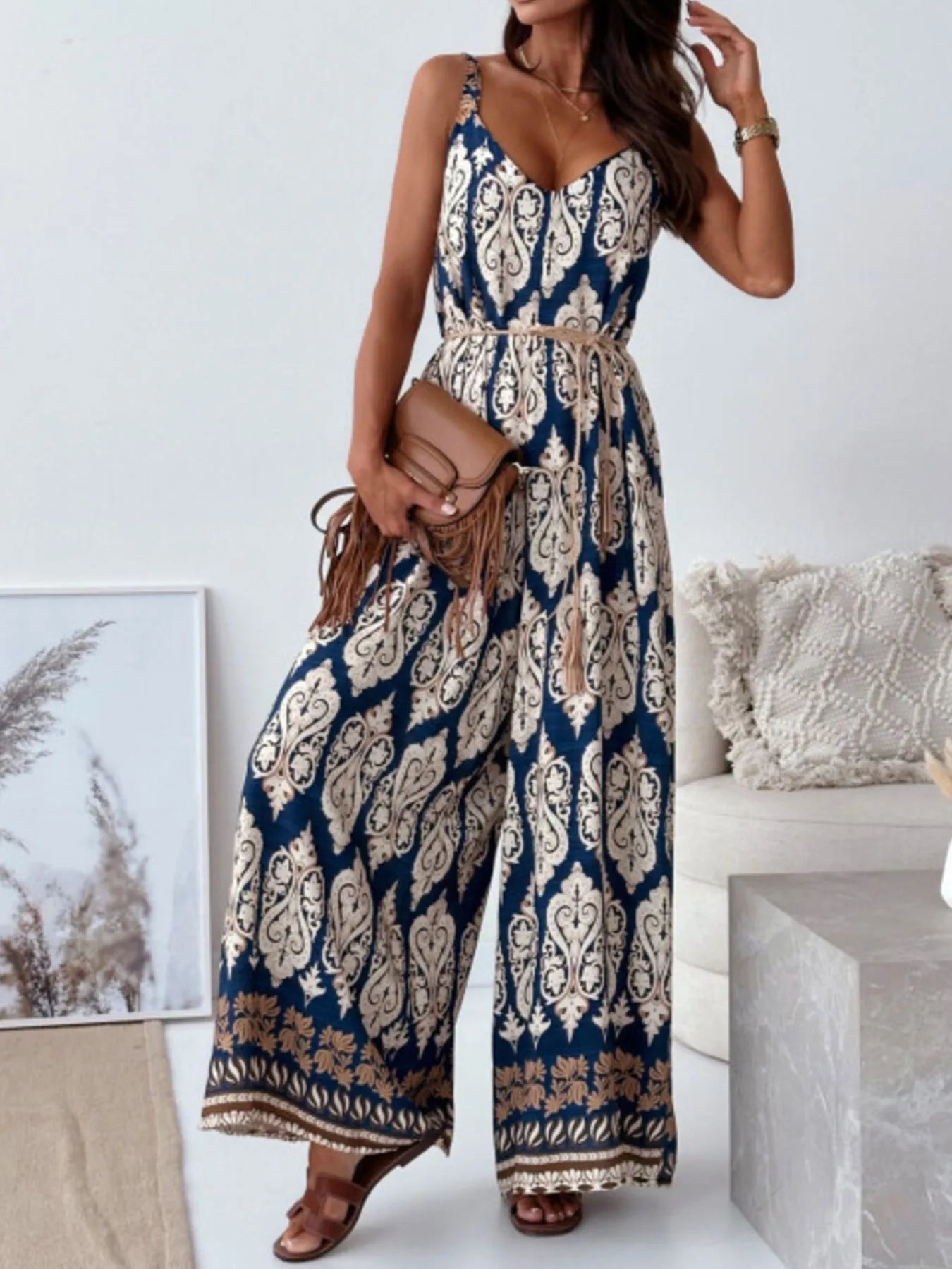 Paisley Print Spaghetti Strap Wide Leg Jumpsuit - Tigbul's Variety Fashion Shop