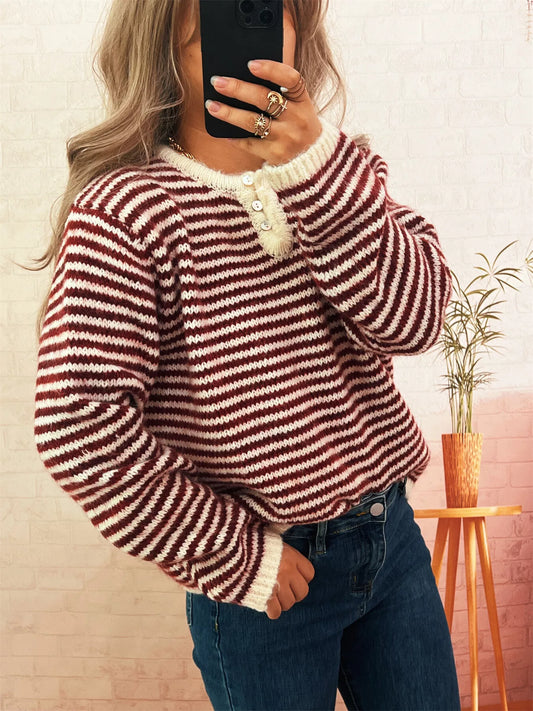 Striped Button Detail Long Sleeve Sweater - Tigbul's Variety Fashion Shop
