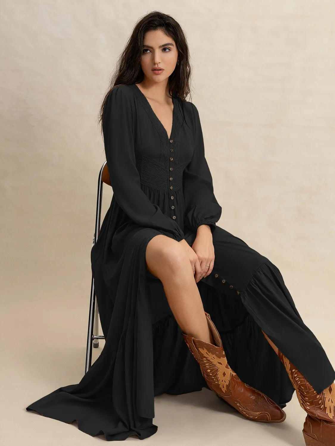 V-Neck Long Sleeve Dress - Tigbul's Variety Fashion Shop