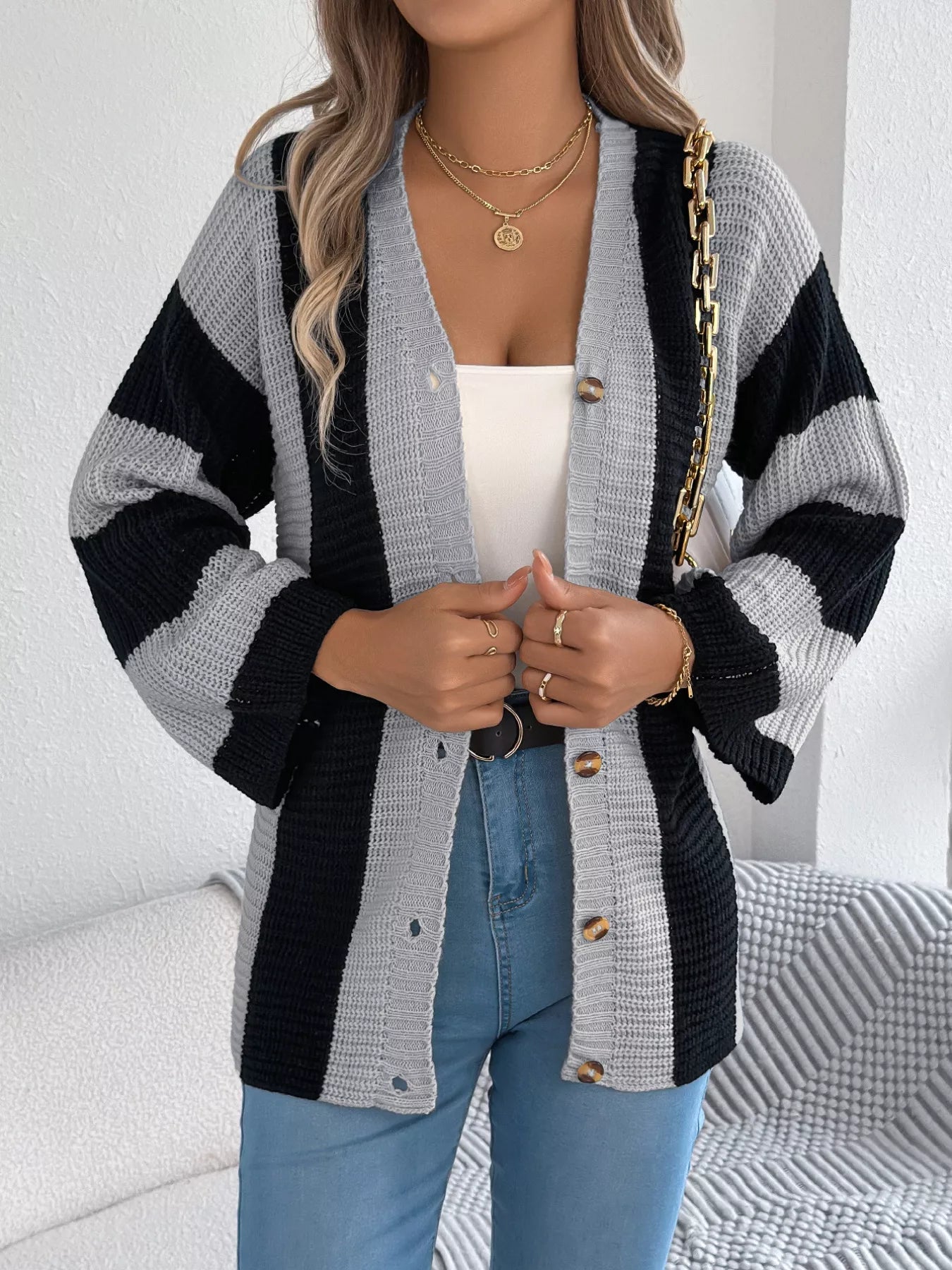 Color Block Button-Up Cardigan - Tigbul's Variety Fashion Shop