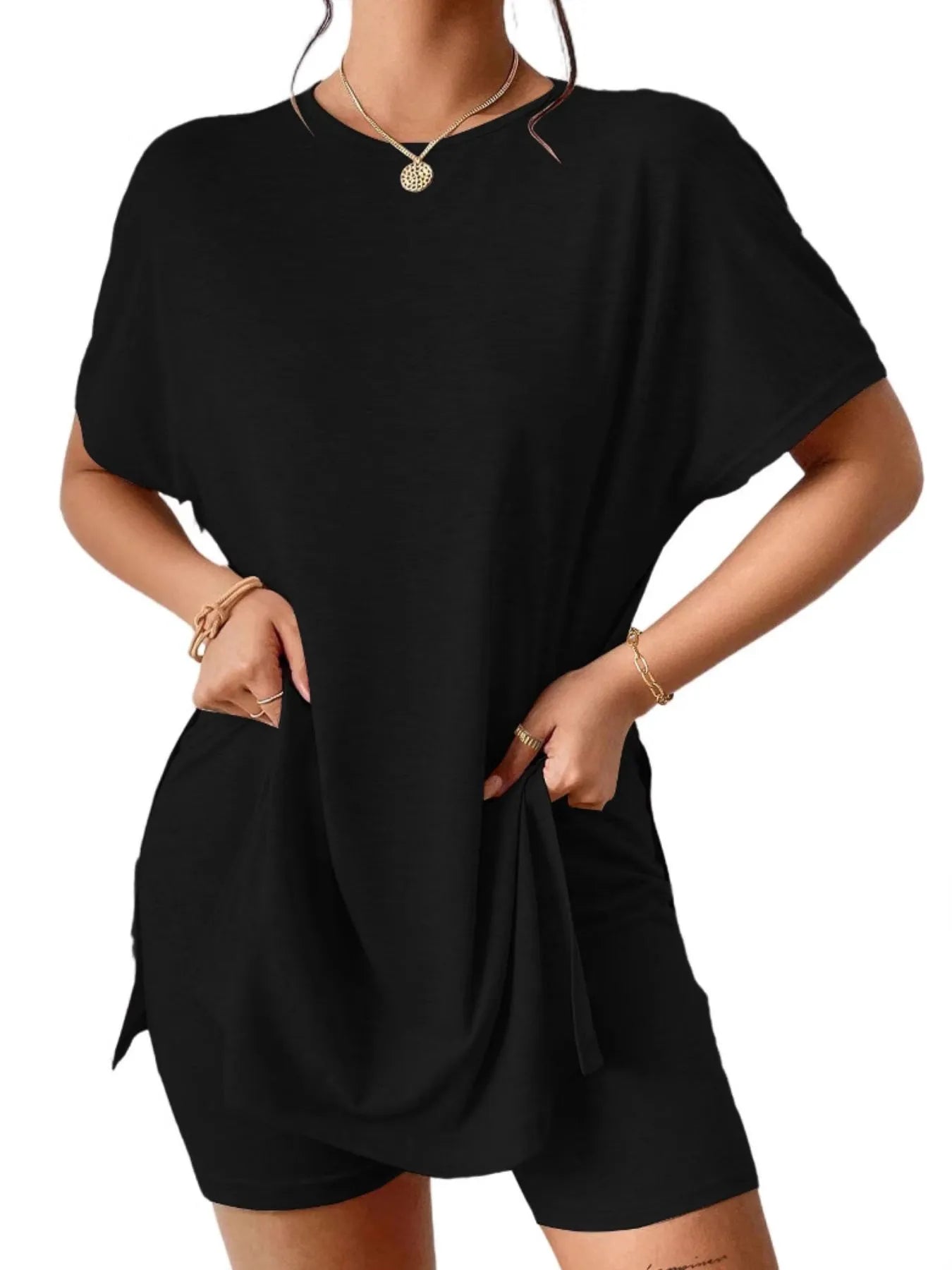 Casual Round Neck T-Shirt and Shorts Set - Tigbul's Variety Fashion Shop