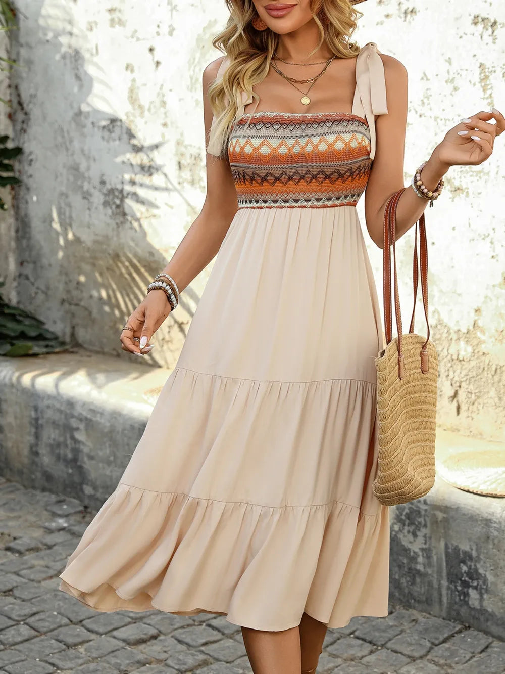 Tie Shoulder Square Neck Tiered Midi Dress - Tigbul's Variety Fashion Shop