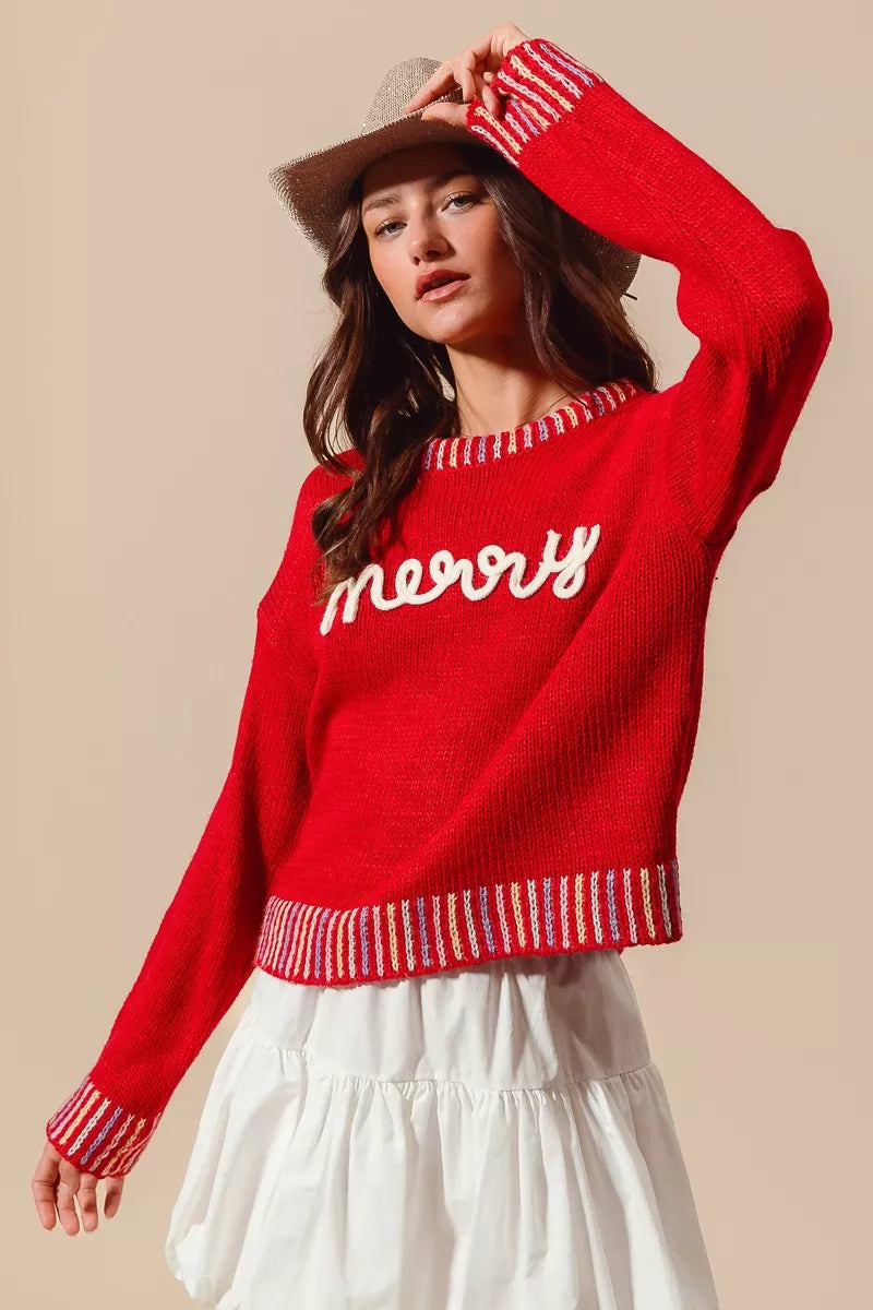 SO ME Merry Lettering Embroidered Christmas Sweater - Tigbul's Variety Fashion Shop