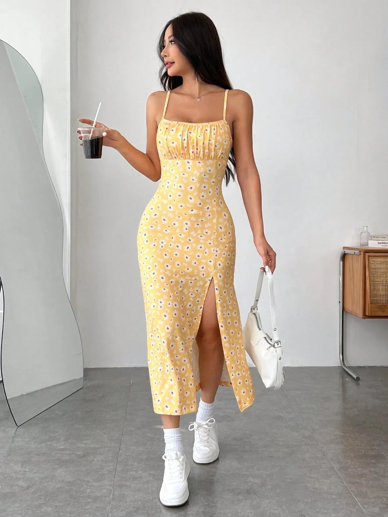 Daisy Print Cami Midi Dress with Slit - Tigbul's Variety Fashion Shop