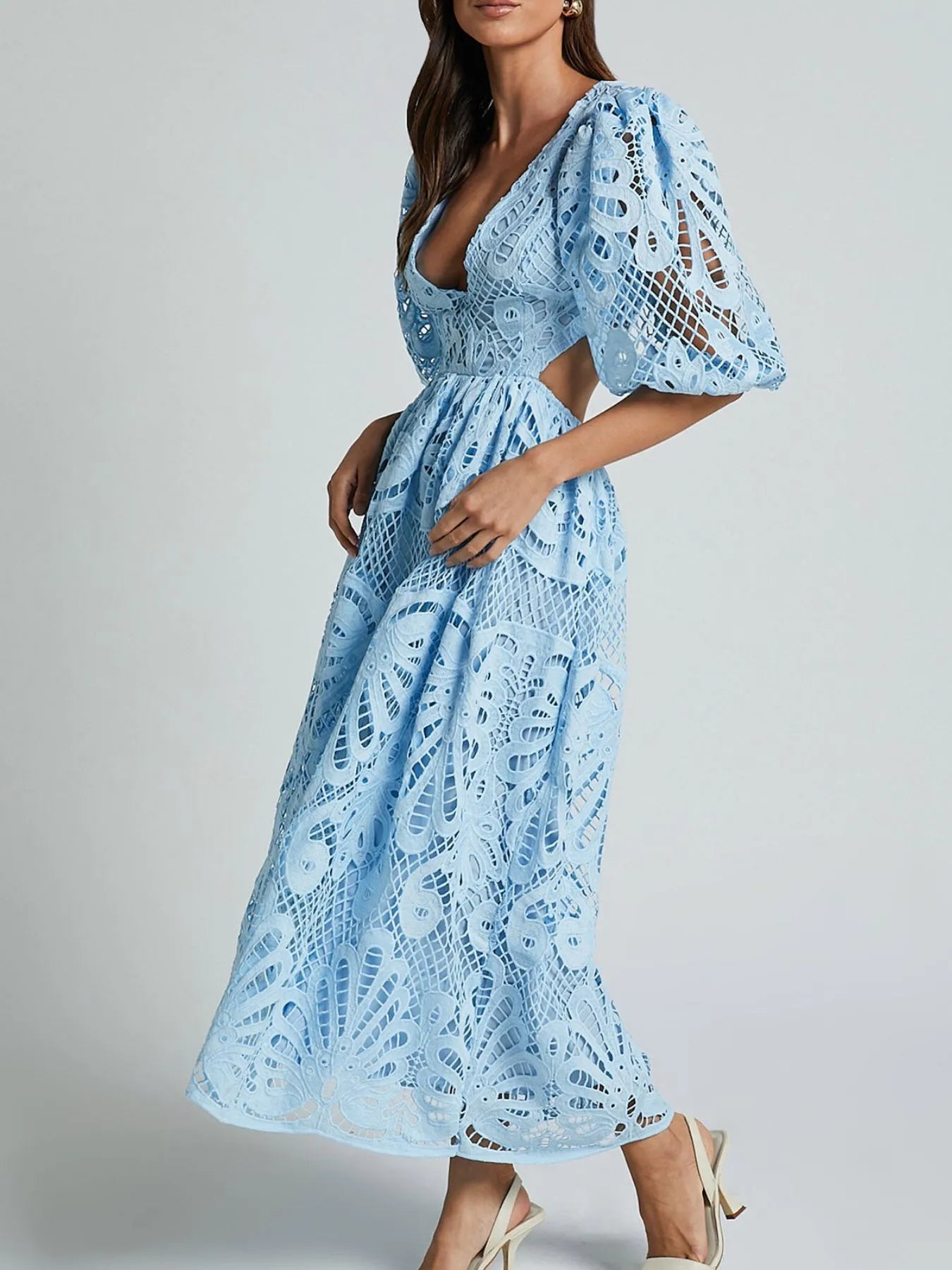 Cutout Back Lace Crochet V-Neck Dress - Tigbul's Variety Fashion Shop