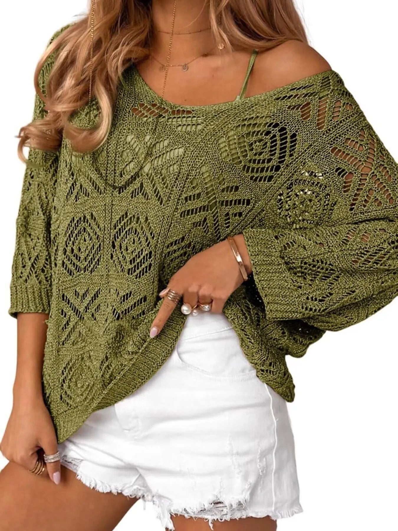 Openwork 3/4 Sleeve Knit Cover Up - Tigbul's Variety Fashion Shop