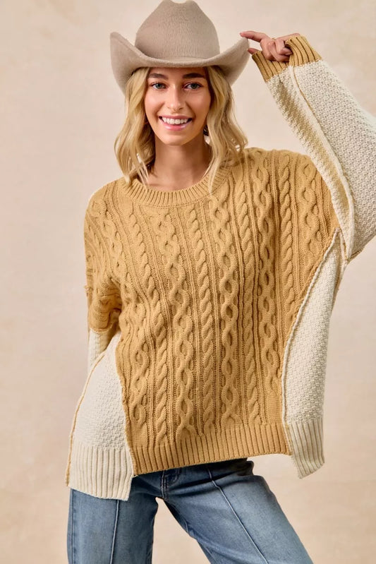 BiBi Cable Knit With Hacci Combo Sweater With Uneven Hem Detail - Tigbul's Variety Fashion Shop
