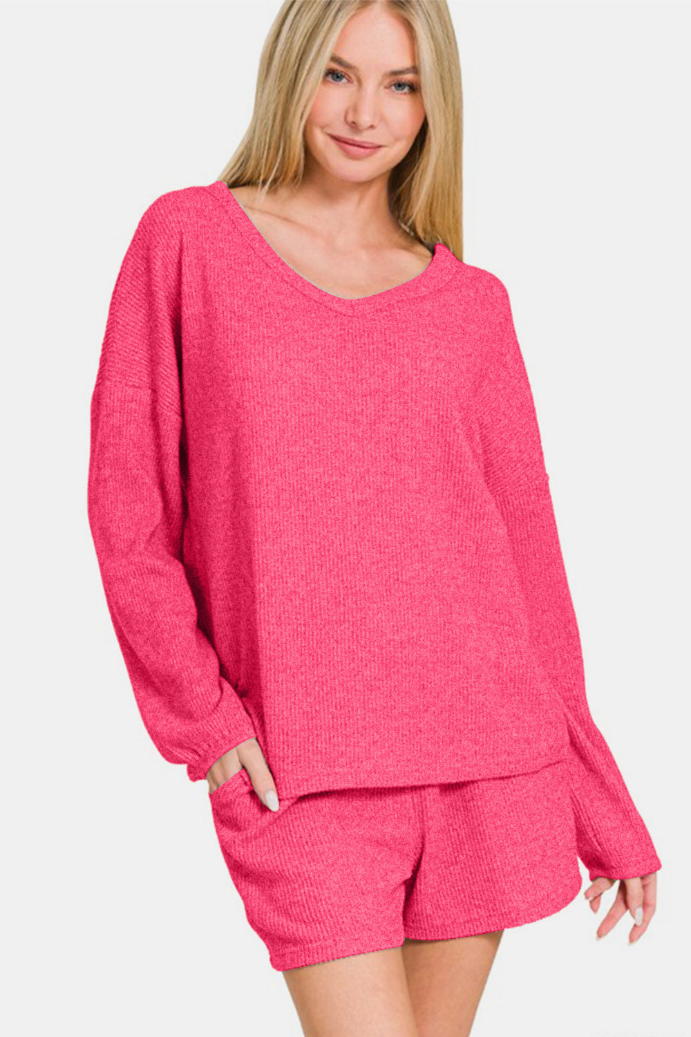 Pink V-Neck Long Sleeve Ribbed Top and Shorts Set - Tigbul's Variety Fashion Shop