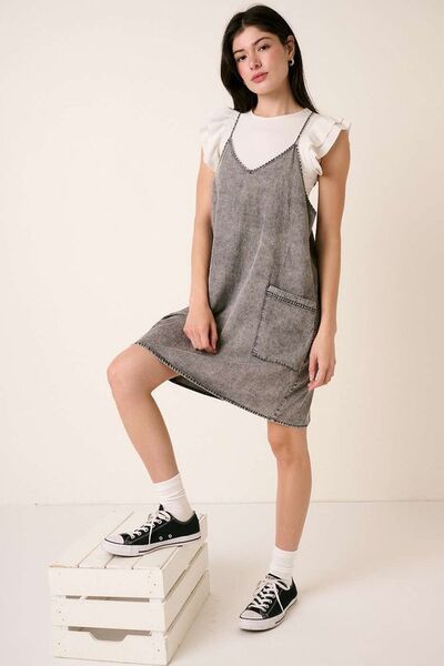 Gray Washed Patch Pocket Mini Cami Denim Dress - Tigbul's Variety Fashion Shop