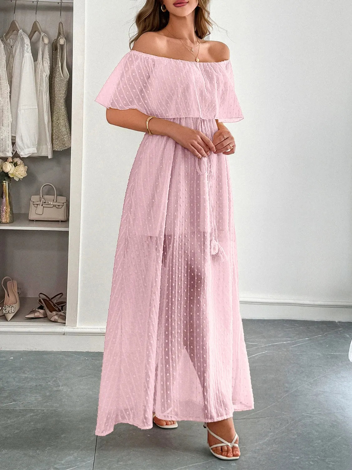 Swiss Dot Off Shoulder Maxi Dress - Tigbul's Variety Fashion Shop
