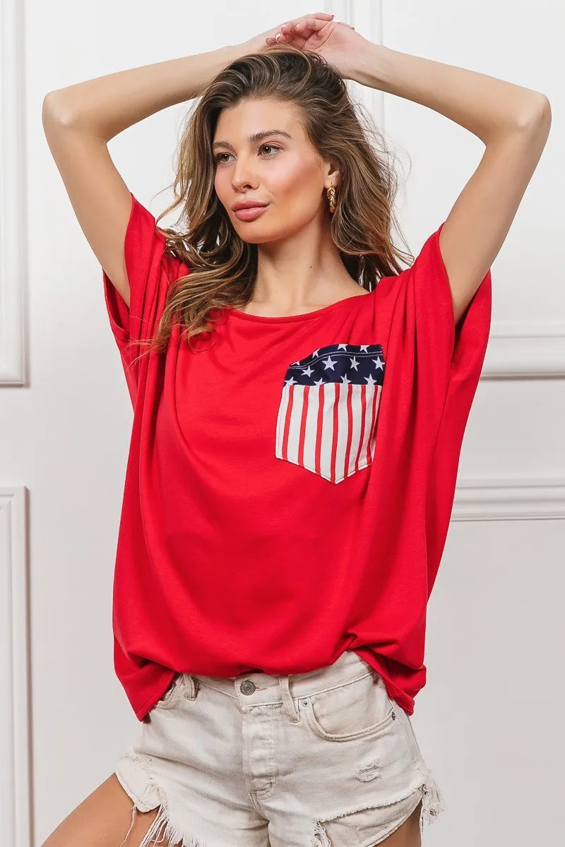 Red French Terry With Front Pocket Dolman Sleeves Top - Tigbul's Variety Fashion Shop