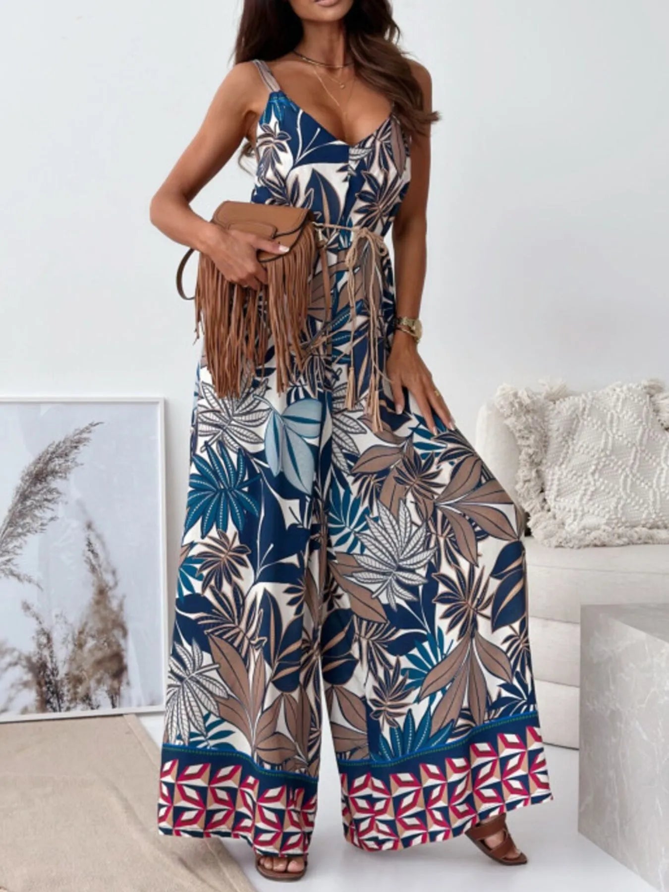 Paisley Print Spaghetti Strap Wide Leg Jumpsuit - Tigbul's Variety Fashion Shop