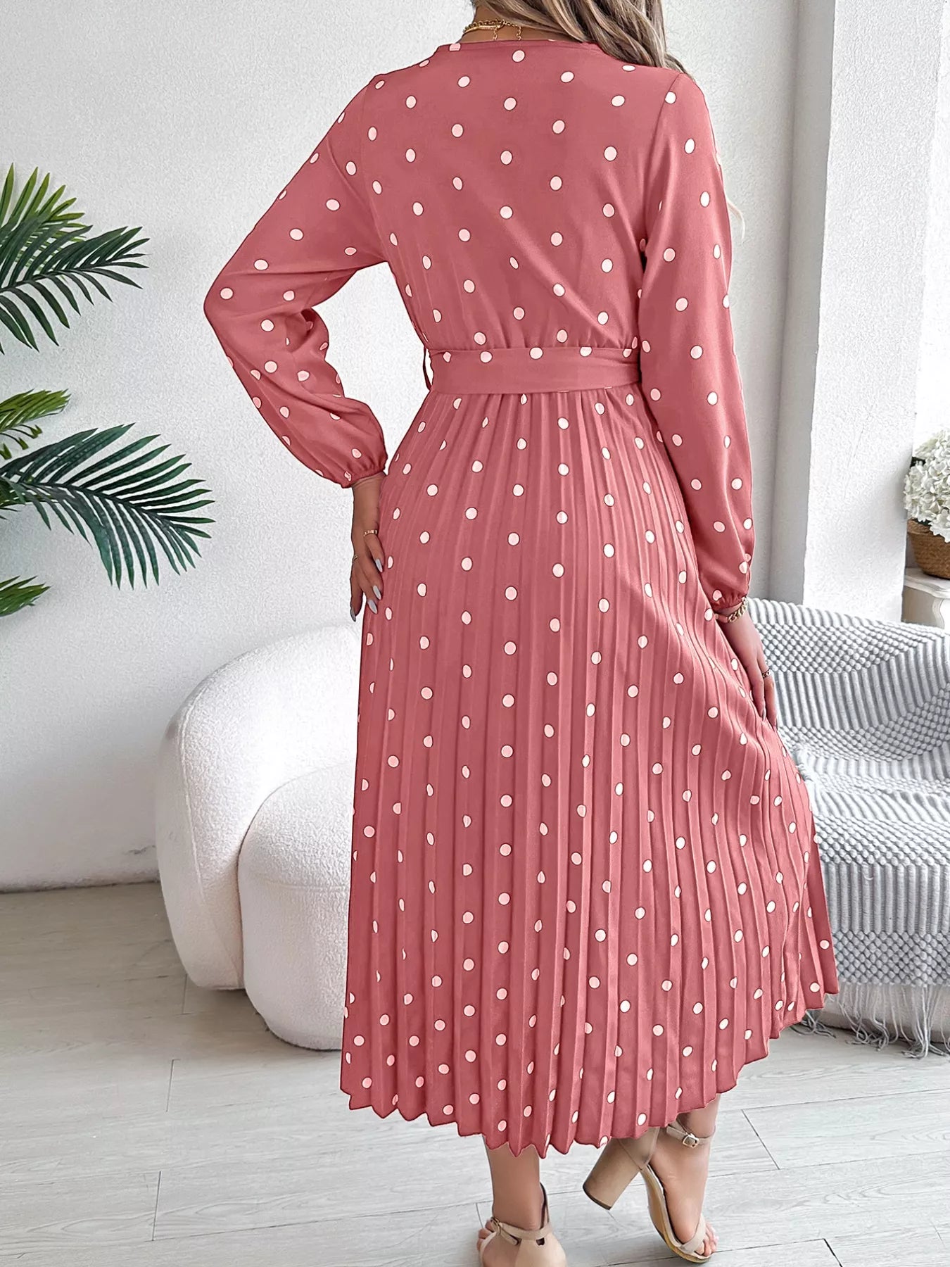 Front Tie Polka Dot Midi Pleated Dress - Tigbul's Variety Fashion Shop