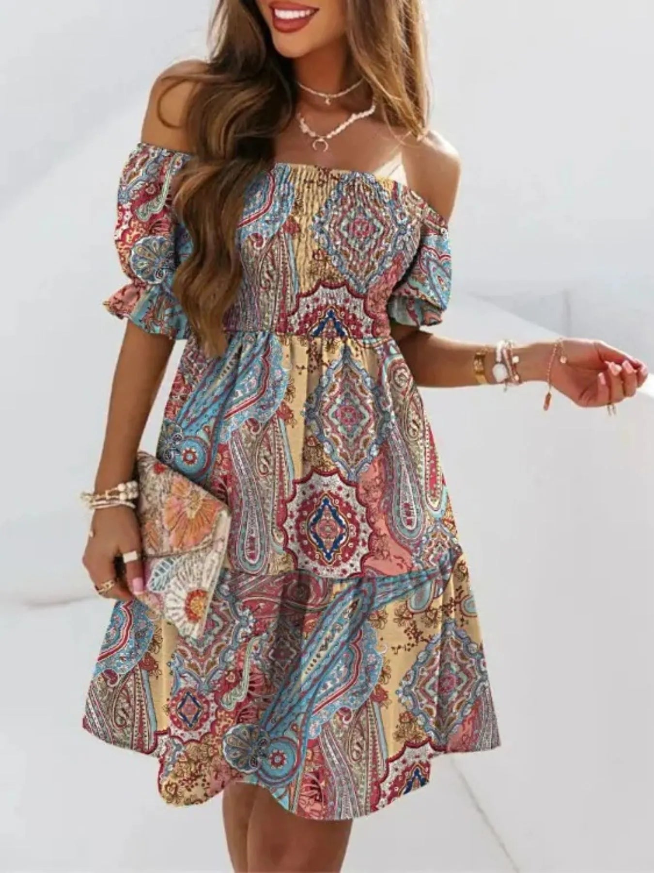 Off Shoulder Smocked Summer Dress - Tigbul's Variety Fashion Shop
