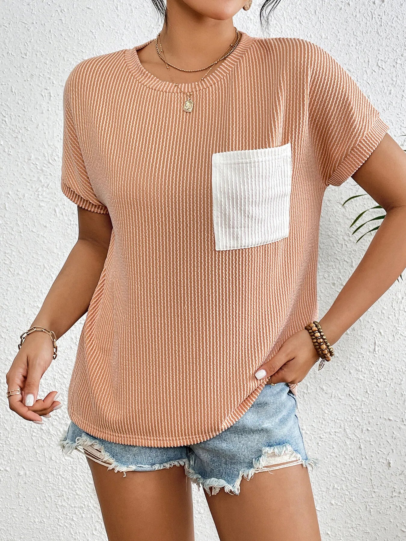 Ribbed Contrast Pocket T-Shirt - Tigbul's Variety Fashion Shop
